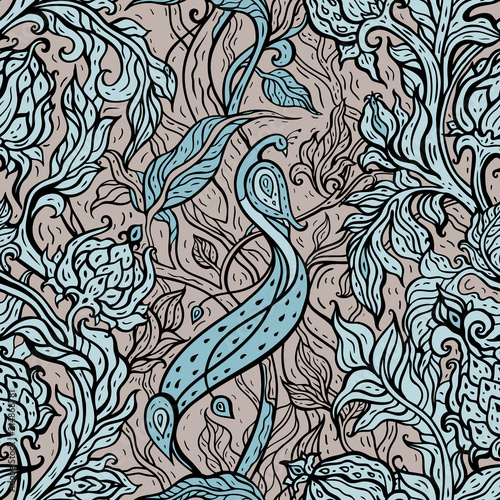 Fototapeta Naklejka Na Ścianę i Meble -  Seamless vector background with oriental pattern. Beautiful peacock. Exotic bird. Paisley flowers, hand drawn detailed illustration, Paradise Bird inmagic garden.