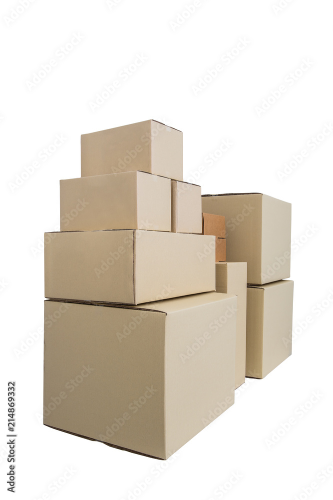 Cardboard Boxes in different sizes stacked boxes isolated on white backgrouns