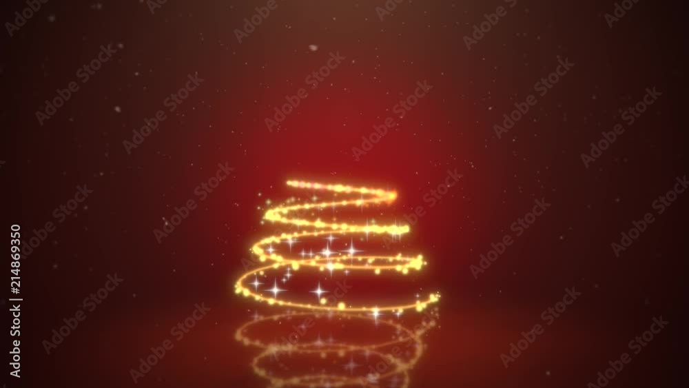 An animated golden light Christmas Tree forms on a festive red background and falling snow.	