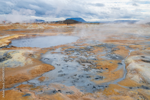 Bubbling Hot with steam. Mud Pots in the Namafjall Geothermal Area, Hverir, Iceland.