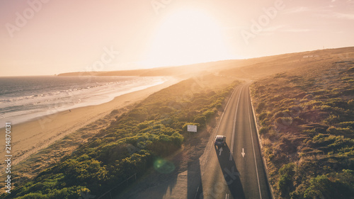 Aerial View of Great Ocean Road and People Walking Along Beaches
