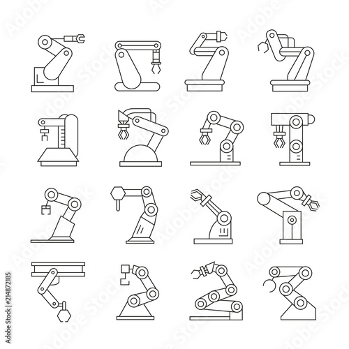 robotic arm icons set, industrial robot  line icons