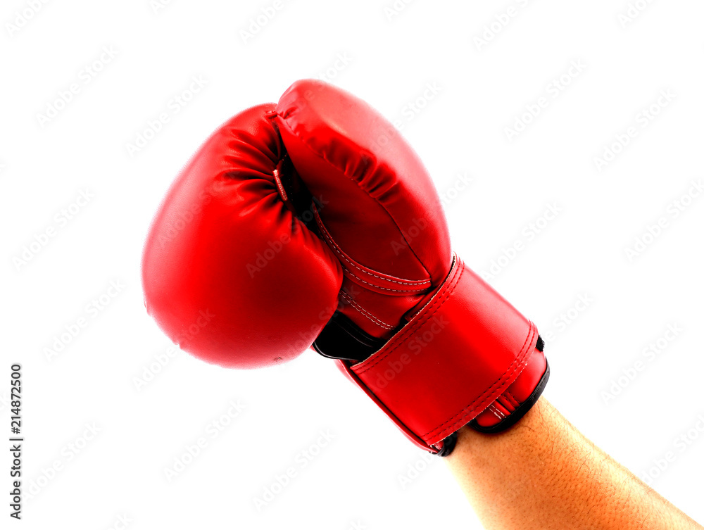 Red boxing mittens against a white backdrop.