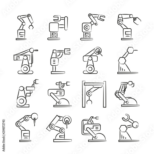 hand drawn robotic arm icons, machine robots