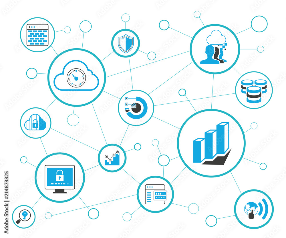 analytics data icons and network diagram on white background, information technology concept analytics data icons and network diagram on white background, information technology concept