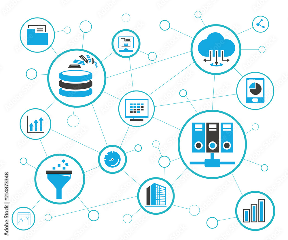 analytics data icons and network diagram on white background, information technology concept
