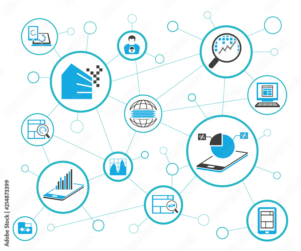analytics data icons and network diagram on white background, information technology concept analytics data icons and network diagram on white background, information technology concept