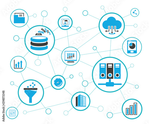 analytics data icons and network diagram on white background, information technology concept