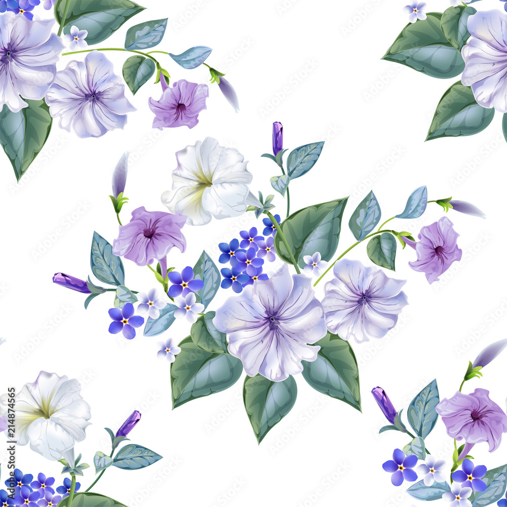 Seamless background pattern.petunia and for get me not flowers  with leaves.hand drawn. on white background
