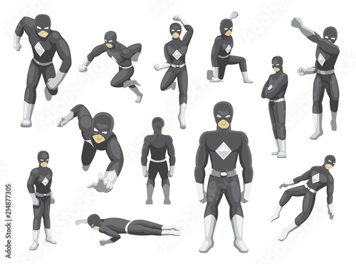 Superhero Mask Poses Cartoon Emotion faces Vector Illustration