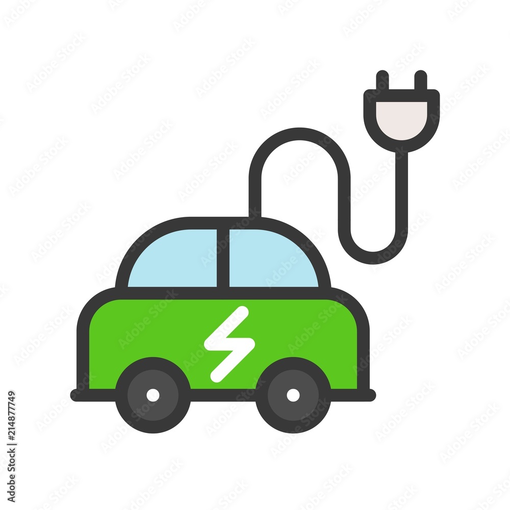 Electric car icon, green energy flat design