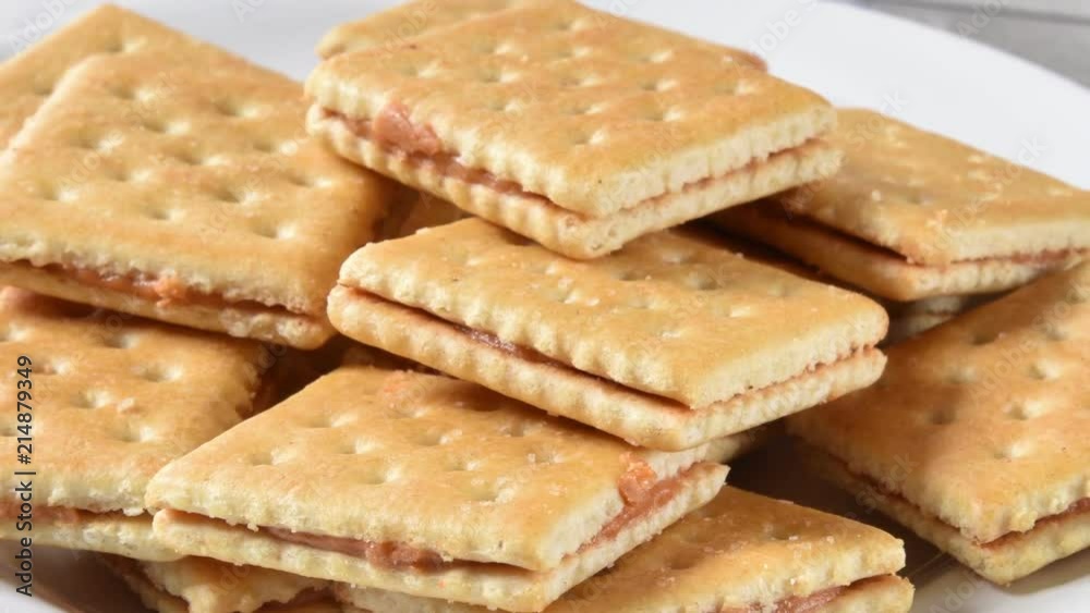 Plate of peanut butter and cracker sandwiches
