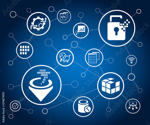 data analytics icons and network on blue background