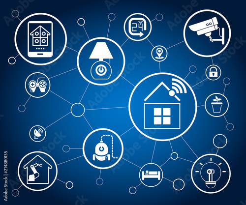 internet of things concept and smart home icons in blue background
