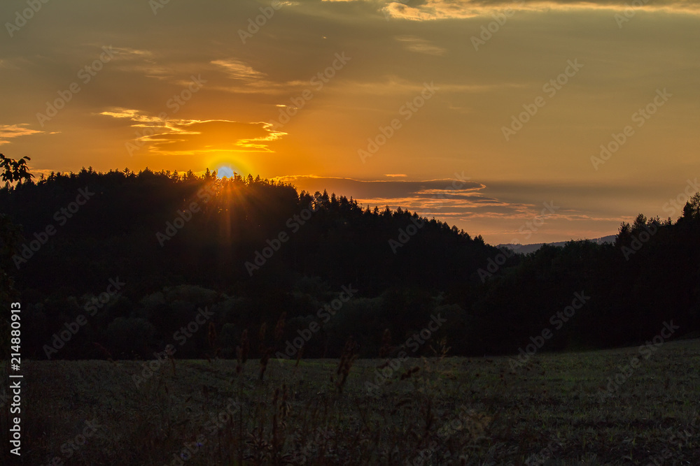 Nice sunset with trees and field silhouette, Czech landscape Nice sunset with trees and field silhouette, Czech landscape
