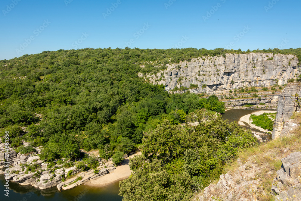 Panorama Landscape by the river Ardeche, framed by trees and gorges at 