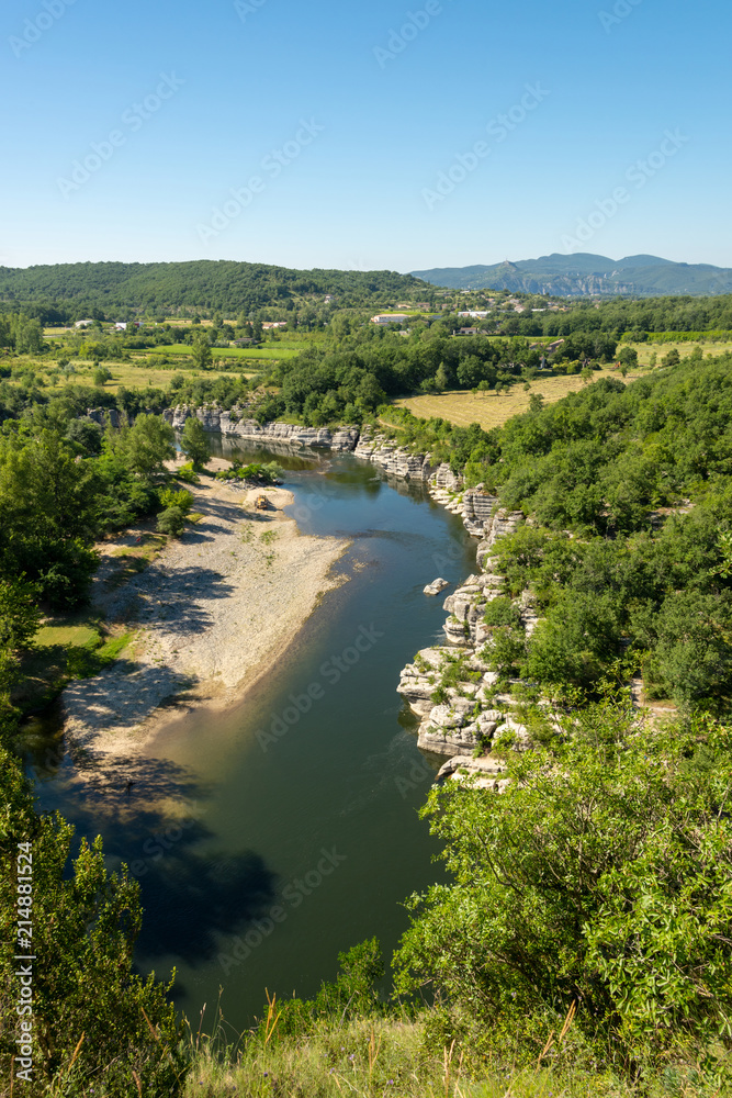 Beautiful view of the river Ardeche, framed by forests and gorges at 
