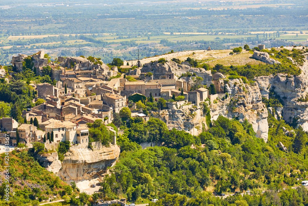 Provencal village Les Baux de Provence and view of Sarragan  sto