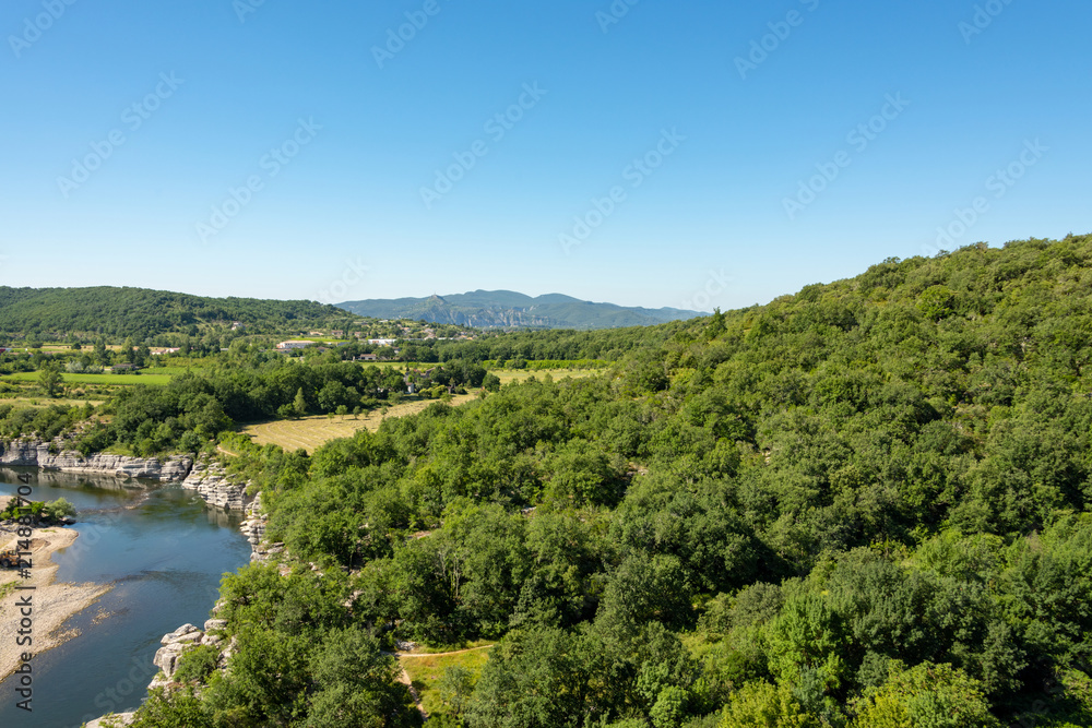 Beautiful view of the river Ardeche, framed by forests and gorges at 