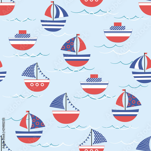 Cute seamless pattern, background with colored boats.  Vector illustration
