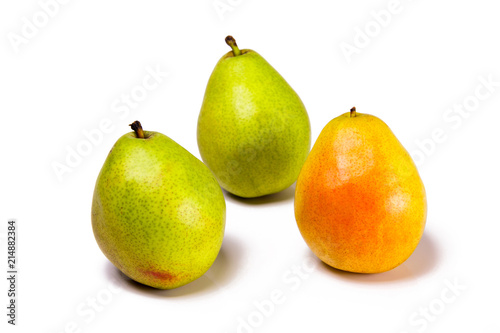 Three pears on a white background.  Healthy organic fresh fruit snacks