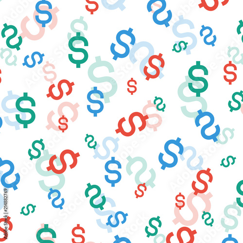 Money silhouette. Wallpaper and fabric design and decor. Vector illustration. Pattern of colorful Dolar on White Background.