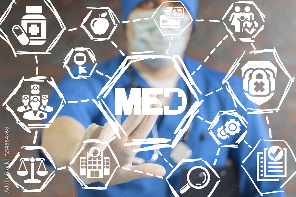Med Medicine concept Healthcare Doctor clicks a med with medical cross button on a virtual Med Medicine concept Healthcare Doctor clicks a med with medical cross button on a virtual