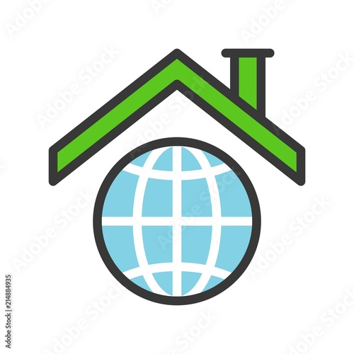 Roof on planet earth icon, filled outline flat design about global warming concept