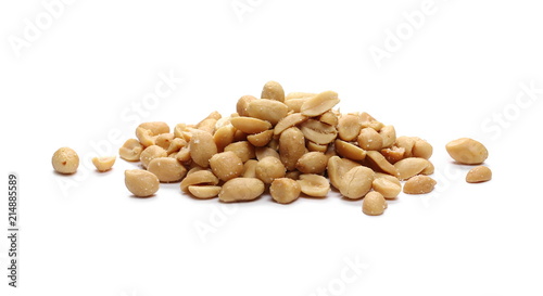 Salty peanuts, pile isolated on white background