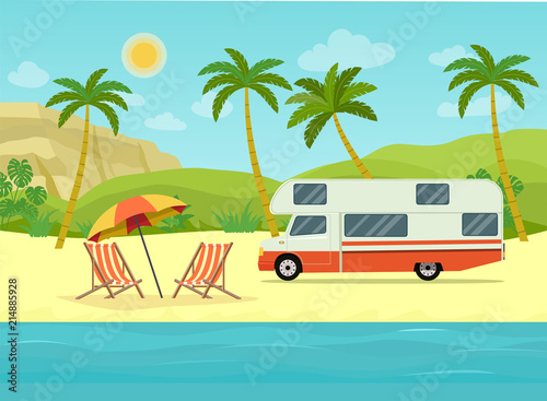 Retro camper car trailers caravan and two deck chairs on the beach. Tropical landscape with palm trees, ocean and mountain. Vector flat style illustration