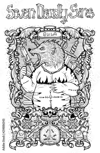 Gluttony. Latin word Gula means Overweight or Obesity. Seven deadly sins concept, black and white line art. Hand drawn engraved illustration, tattoo and t-shirt design, religious symbol