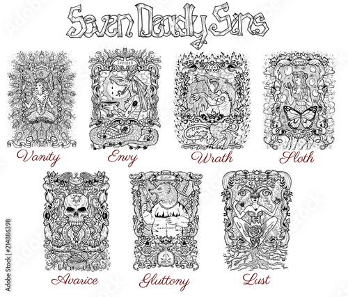 Foto Set with seven deadly sins characters in frames, black and white line art