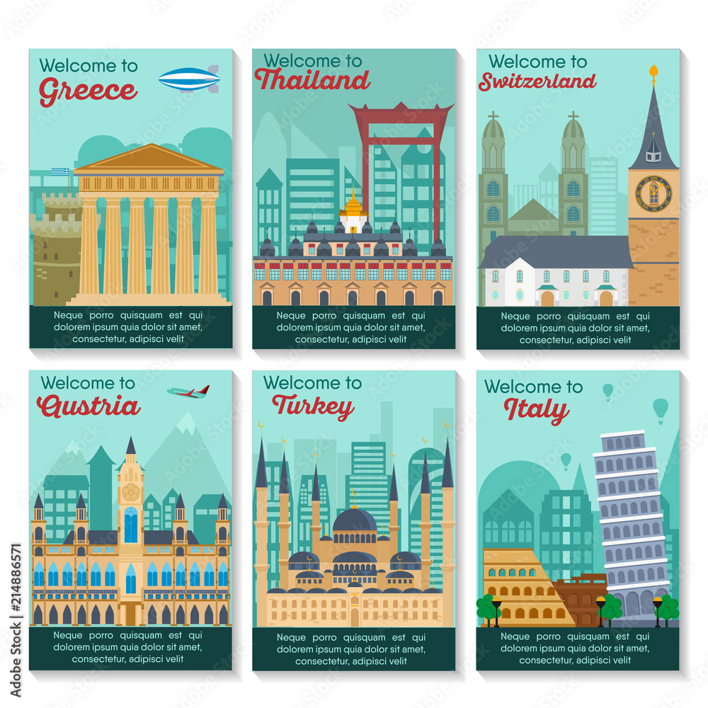 Set of different cities for travel. Landscape template flyer. Landmarks banner in vector. Travel destinations cards. Greece, Thailand, Switzerland, Austria, Turkey, Italy