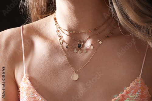 Beautiful young woman with elegant necklace, closeup Fototapeta