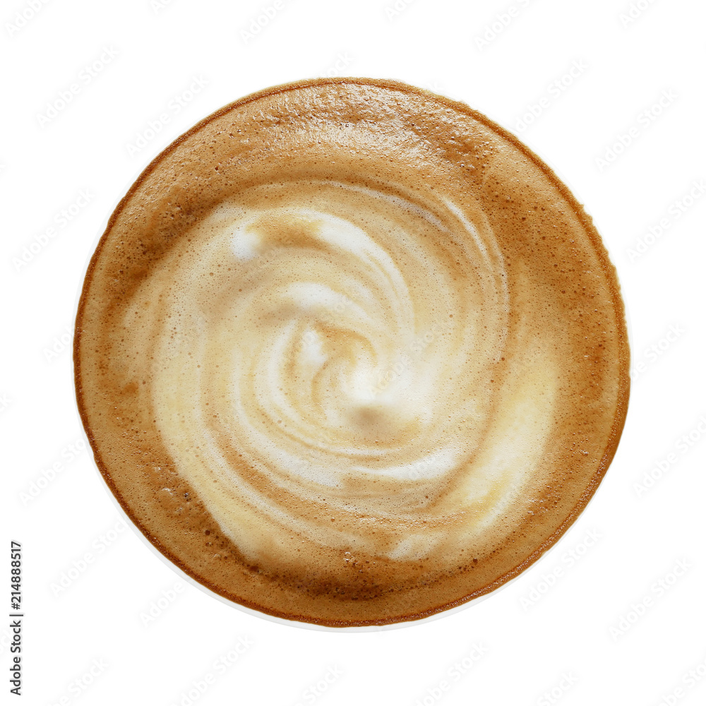 Top view of hot coffee cappuccino latte cup with spiral milk foam isolated on white background, clipping path included. Top view of hot coffee cappuccino latte cup with spiral milk foam isolated on white background, clipping path included.