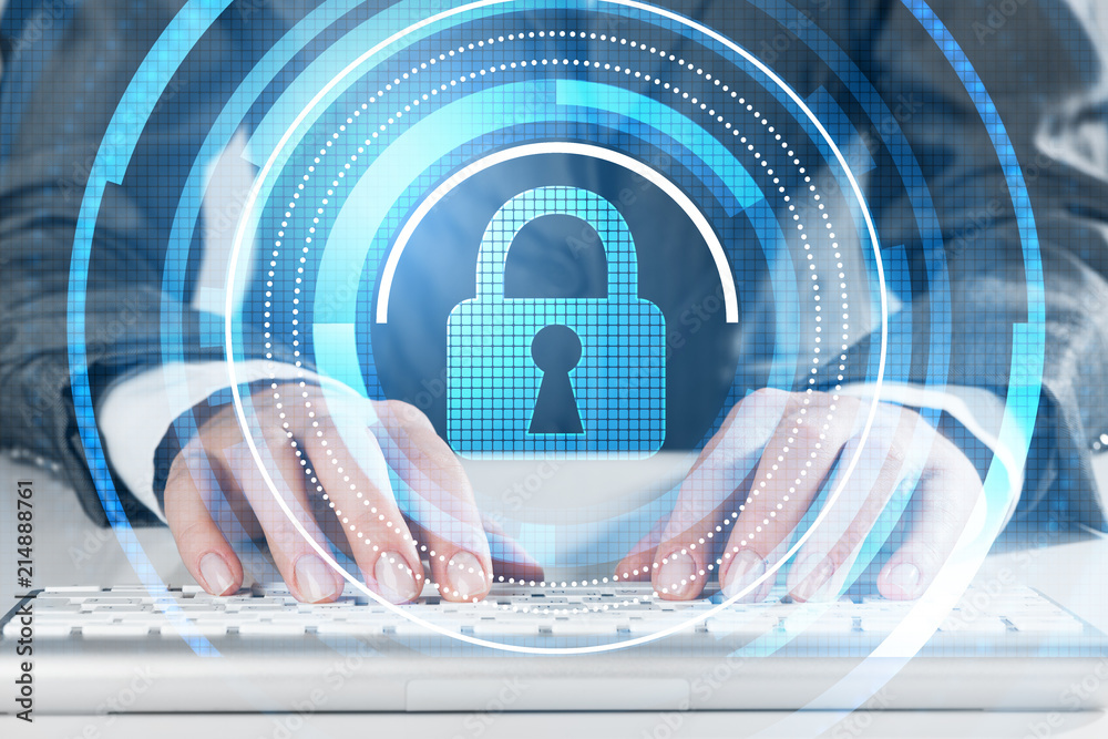 Internet security concept with woman typing password on keyboard Internet security concept with woman typing password on keyboard