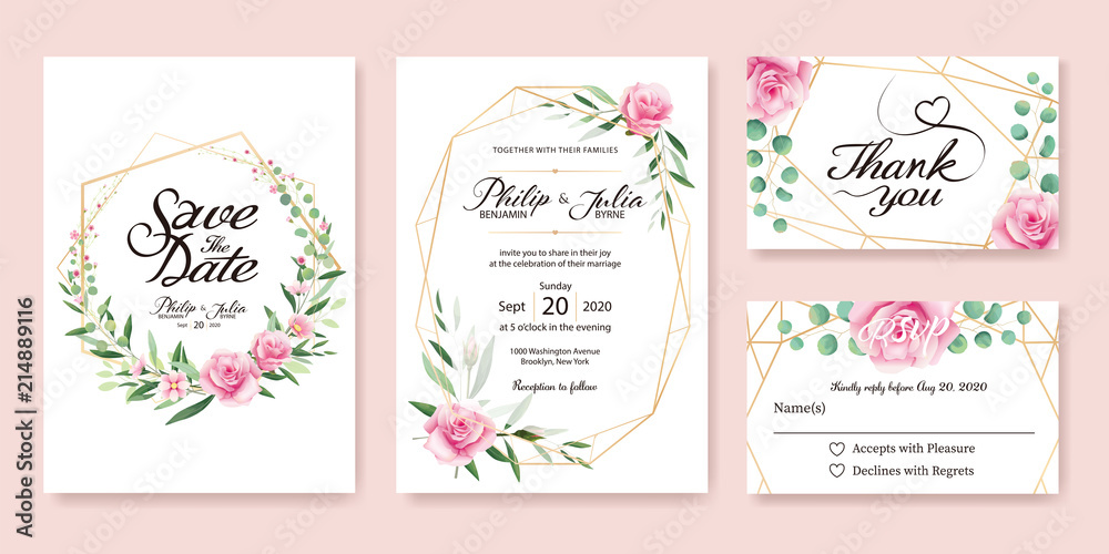 Wedding Invitation, save the date, thank you, rsvp card Design template. Vector. Summer flower, pink rose, silver dollar, olive leaves, Wax flower.