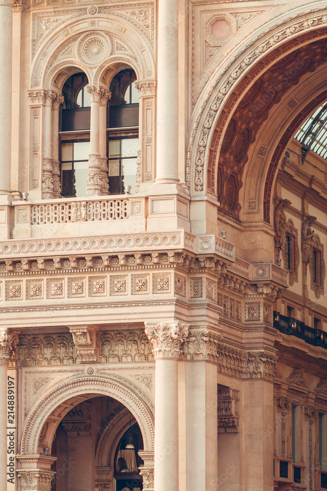 View of architectural details on the Galleria Vittorio Emanuele II, Milan, Italy.