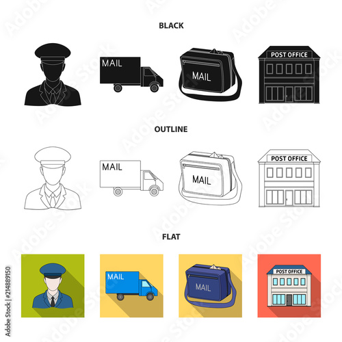 The postman in uniform, mail machine, bag for correspondence, postal office.Mail and postman set collection icons in black,flat,outline style vector symbol stock illustration web.