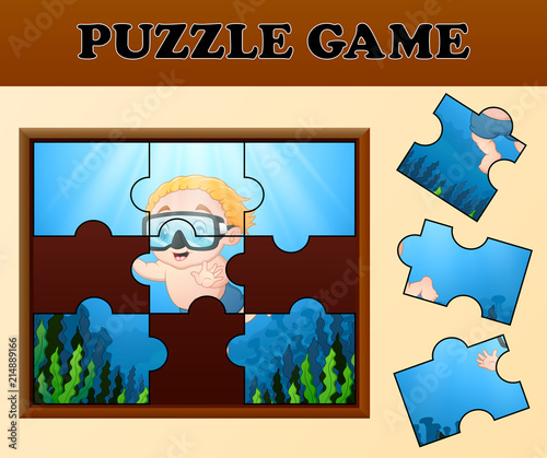 Boy diving in undersea with puzzle concept