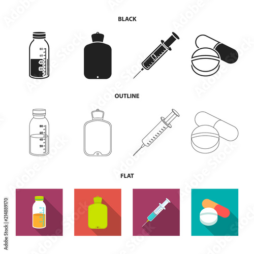 Solution, warmer, syringe, pills.Medicine set collection icons in black,flat,outline style vector symbol stock illustration web.