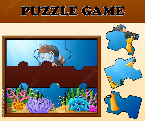Boy diving in undersea with puzzle concept