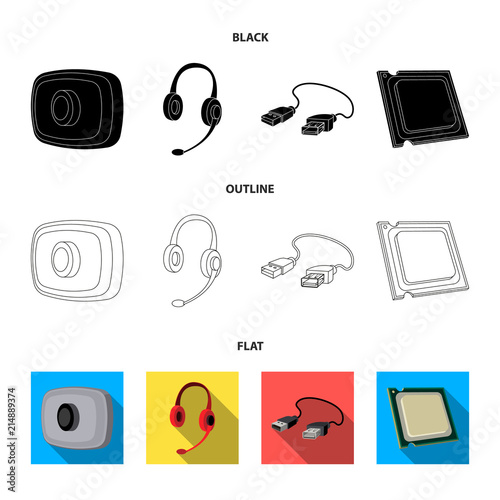 Webcam, headphones, USB cable, processor. Personal computer set collection icons in black,flat,outline style vector symbol stock illustration web.