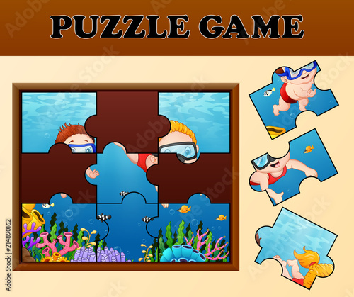Kids diving in undersea with puzzle concept