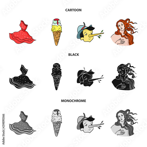Italian dress, gelato, pinocchio, goddess of love. Italy set collection icons in cartoon,black,monochrome style vector symbol stock illustration web.