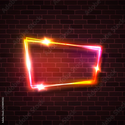 Pink red yellow glowing light background on brick wall. Night club neon sign. Luxury love design. Electricity effect. Game show electric cable signage. 3d retro light vector illustration in 80s style.
