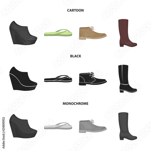 Autumn black shoes on a high platform, flip-flops green for relaxation, sandy men autumn shoes, high brown boots. Shoes set collection icons in cartoon,black,monochrome style vector symbol stock