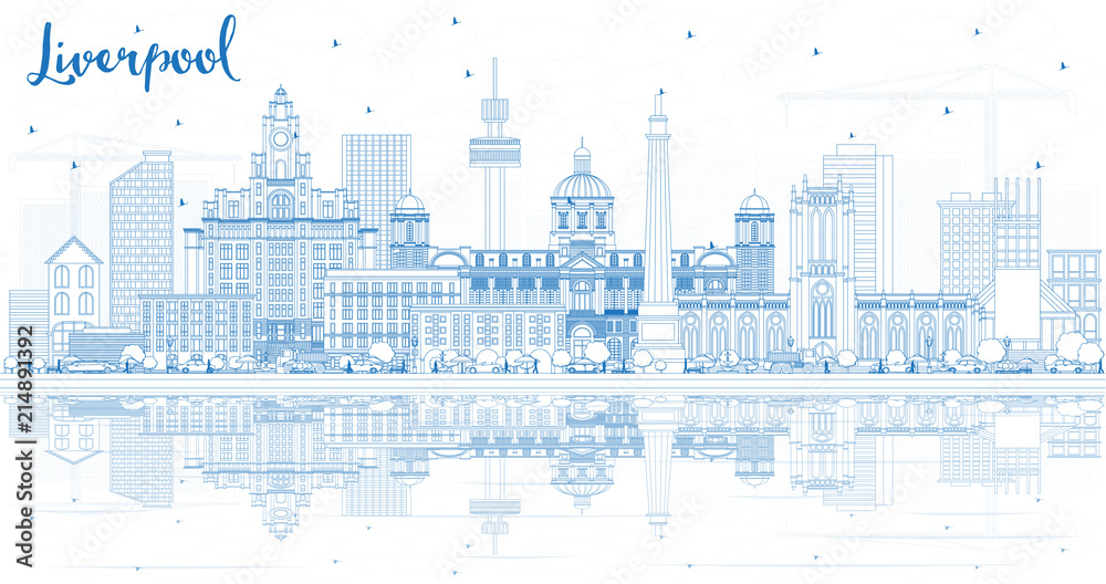 Outline Liverpool Skyline with Blue Buildings and Reflections.