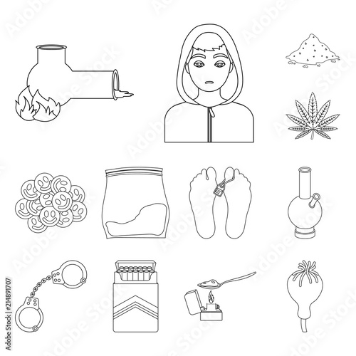 Drug addiction and attributes outline icons in set collection for design. Addict and Drug vector symbol stock web illustration.