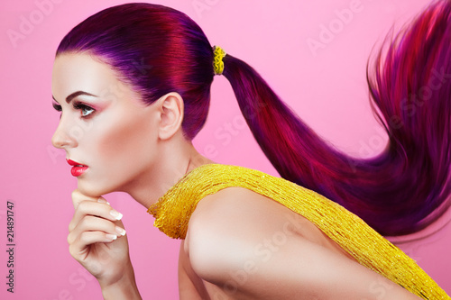 Beauty Fashion Model Girl with Colorful Dyed Hair. Girl with perfect Makeup and Hairstyle. Model with perfect Healthy Dyed Hair. Pink Hairstyles
